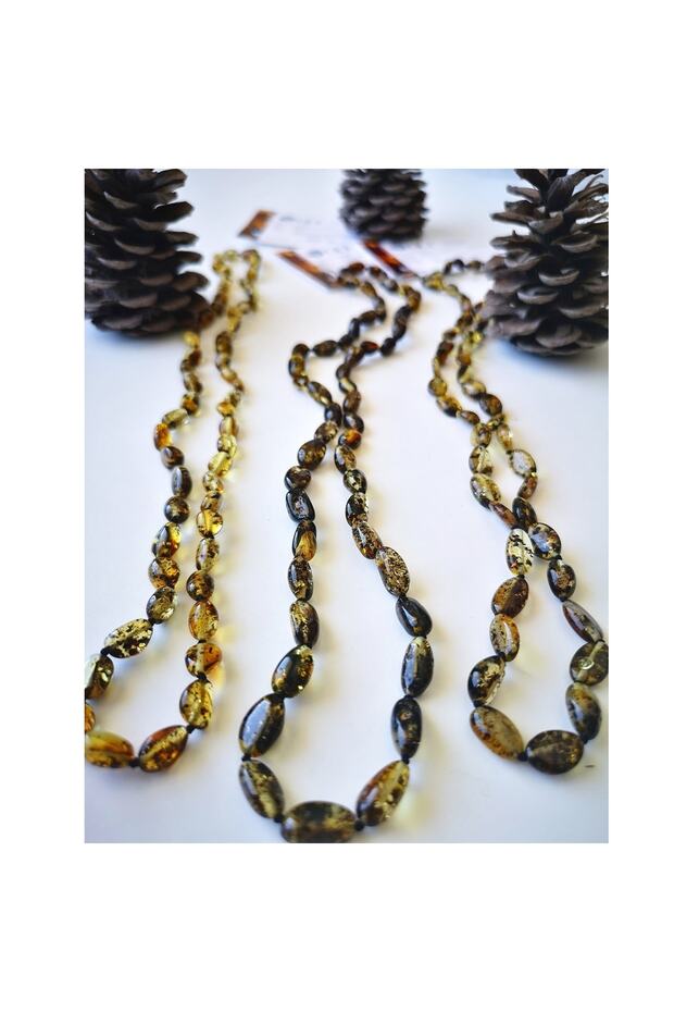 Certified Green Fossil Amber Long Adult Necklace