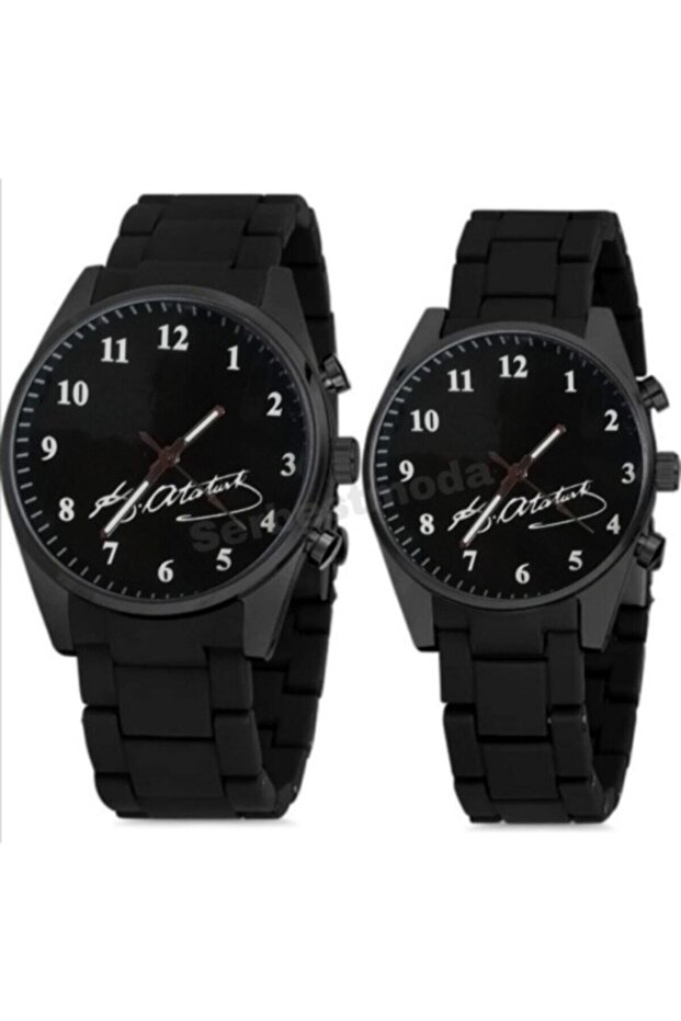 Serbestmoda Kemal Atatürk Imza Basklı Çift Kol Saati Erkek Bayan Saat Kombini - 1
