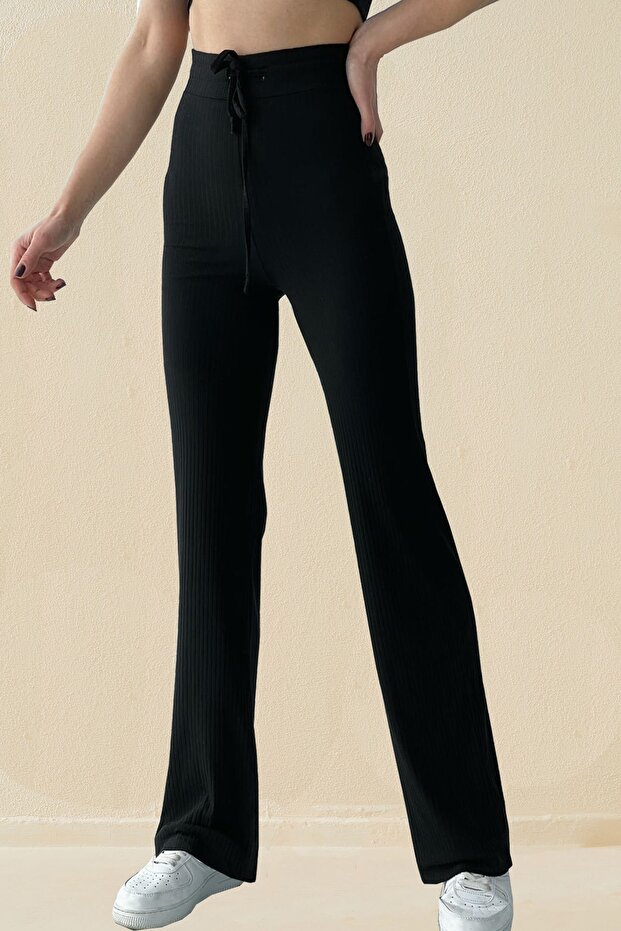 Women's Black Corded Fabric Ribbed Knit Wide-Leg Pants