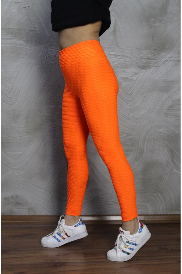 Neon Orange High Waist Honeycomb Leggings