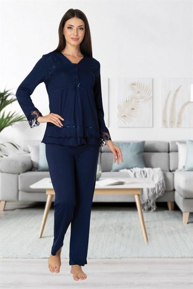 Effort Navy Blue Long Sleeve Lace Detailed Maternity Maternity Pajamas Set