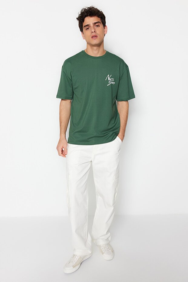 Yeşil Oversize/Geniş Kesim Yazı Baskılı %100 Pamuklu T-Shirt TMNSS20TS1099 - 5