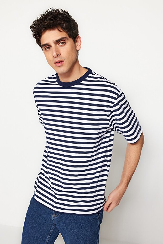 Lacivert Oversize/Geniş Kesim Çizgili Kısa Kol T-Shirt TMNSS20TS0511 - 1