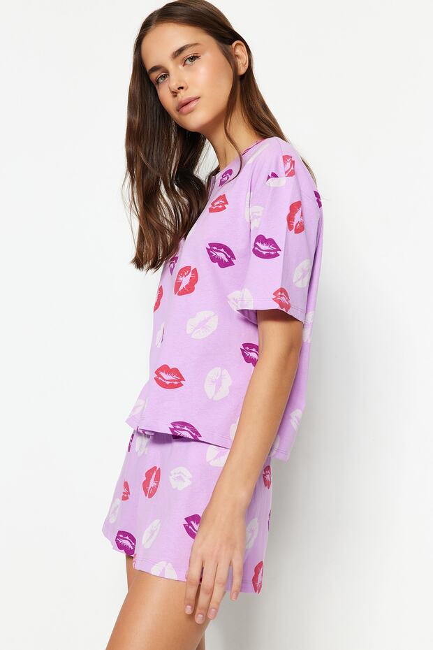 Lila %100 Pamuklu Dudak Desenli Şortlu Örme Pijama Takımı THMSS21PT0468 - 3