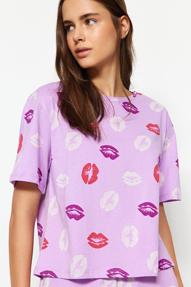 Lila %100 Pamuklu Dudak Desenli Şortlu Örme Pijama Takımı THMSS21PT0468 - 4