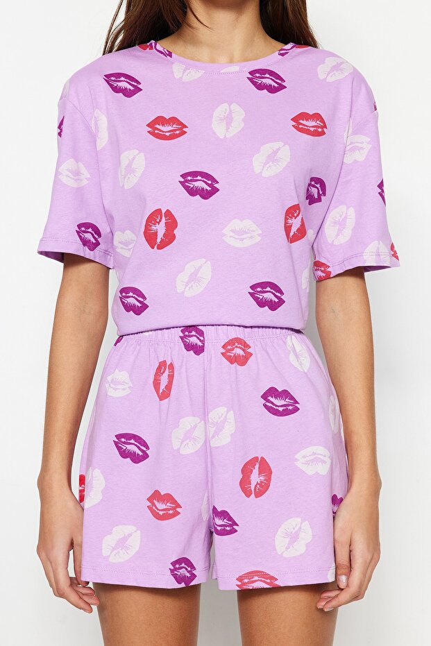 Lila %100 Pamuklu Dudak Desenli Şortlu Örme Pijama Takımı THMSS21PT0468 - 5