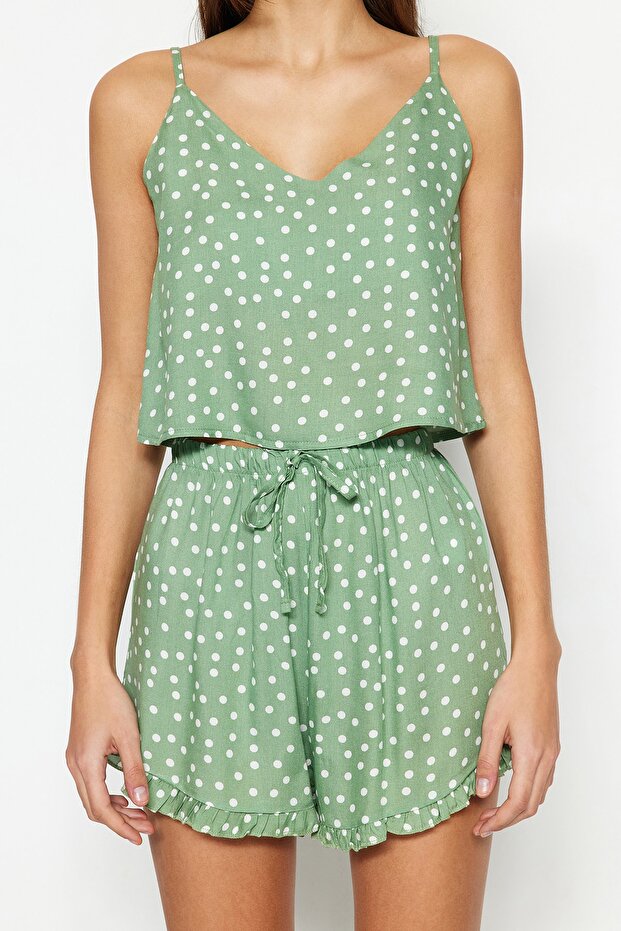 Mint Puantiyeli Fırfır Detaylı İp Askılı Viskon Şortlu Dokuma Pijama Takımı THMSS21PT0742 - 6