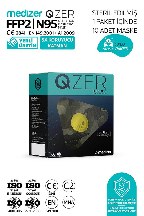 Qzer Yeşil Kamuflaj Desenli 5 Katlı Ventilli Ffp2 Nr N95 Maske 10 Adet - 4