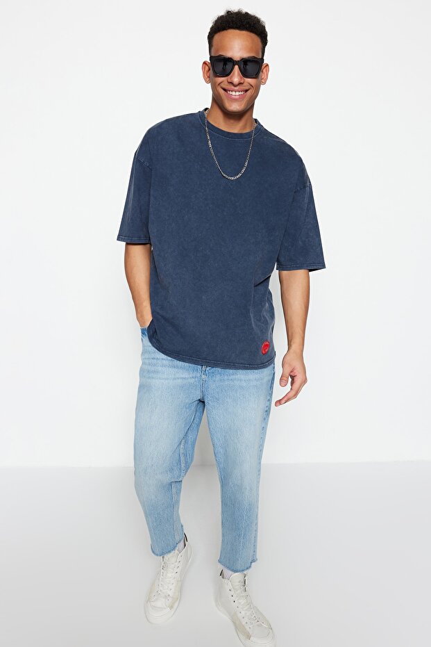 Indigo Oversize/Geniş Kesim Soluk %100 Pamuk T-Shirt TMNSS23TS00153 - 4