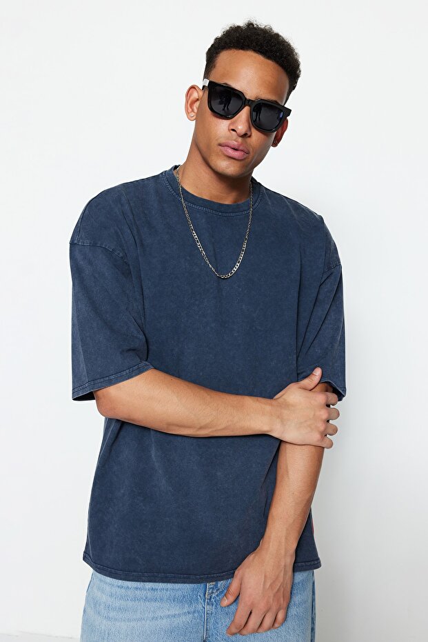 Indigo Oversize/Geniş Kesim Soluk %100 Pamuk T-Shirt TMNSS23TS00153 - 5