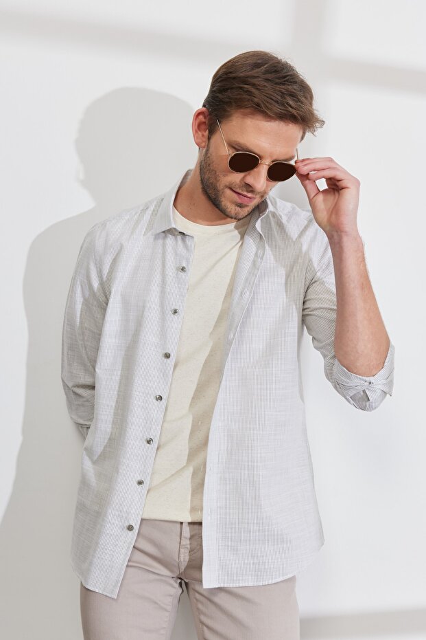 Men's Khaki Slim Fit Narrow Cut Classic Collar 100% Cotton Striped Shirt