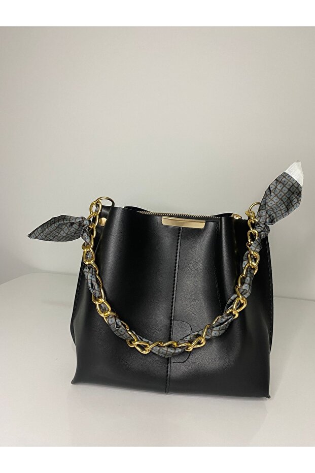 Women's Soft Leather 3-Compartment Hand, Arm, and Shoulder Bag with Black Scarf and Chain Accent