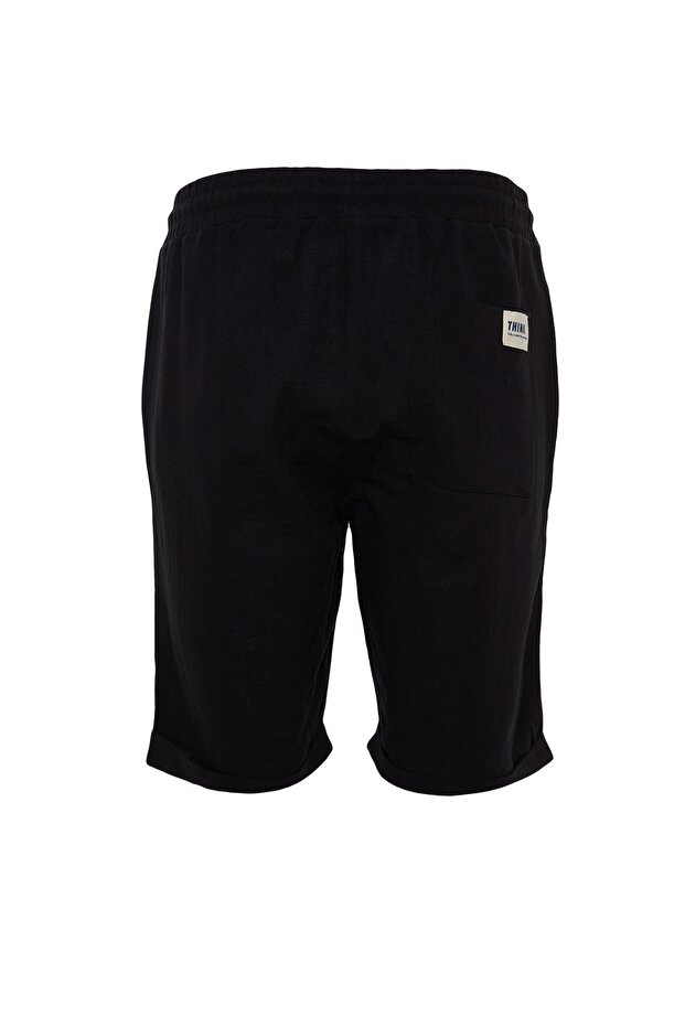 Siyah Normal Kesim/Regular Fit %100 Pamuk Keten Görünümlü Şort TMNSS23SR00030 - 9