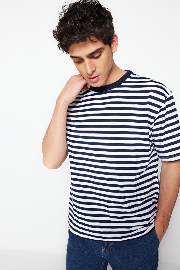 Lacivert Oversize/Geniş Kesim Çizgili Kısa Kol T-Shirt TMNSS20TS0511 - 3