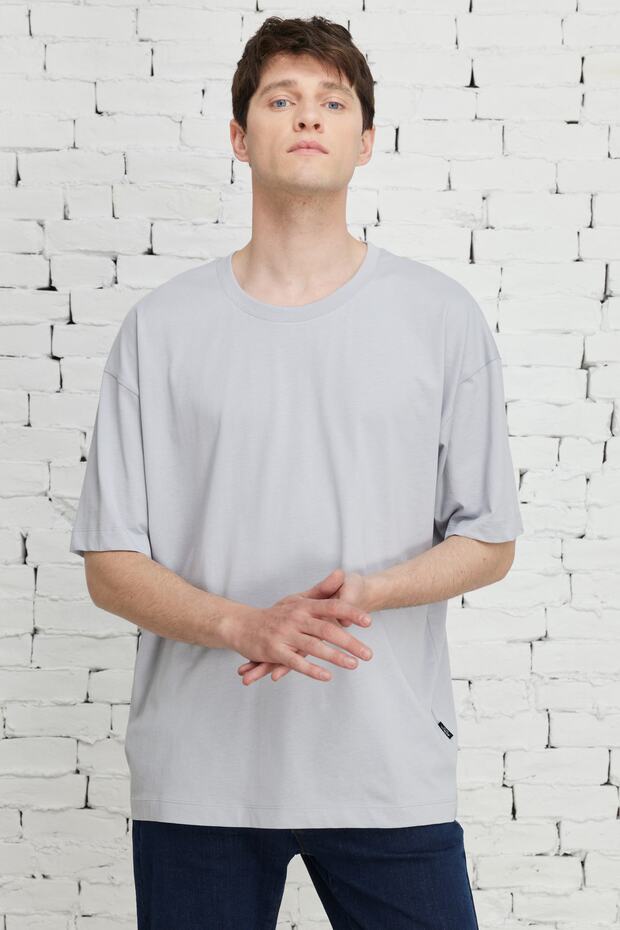 Men's Gray Oversize Loose Cut Crew Neck 100% Cotton T-Shirt