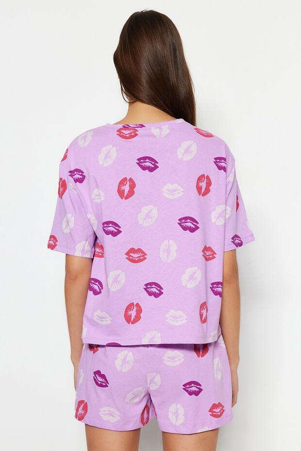 Lila %100 Pamuklu Dudak Desenli Şortlu Örme Pijama Takımı THMSS21PT0468 - 6