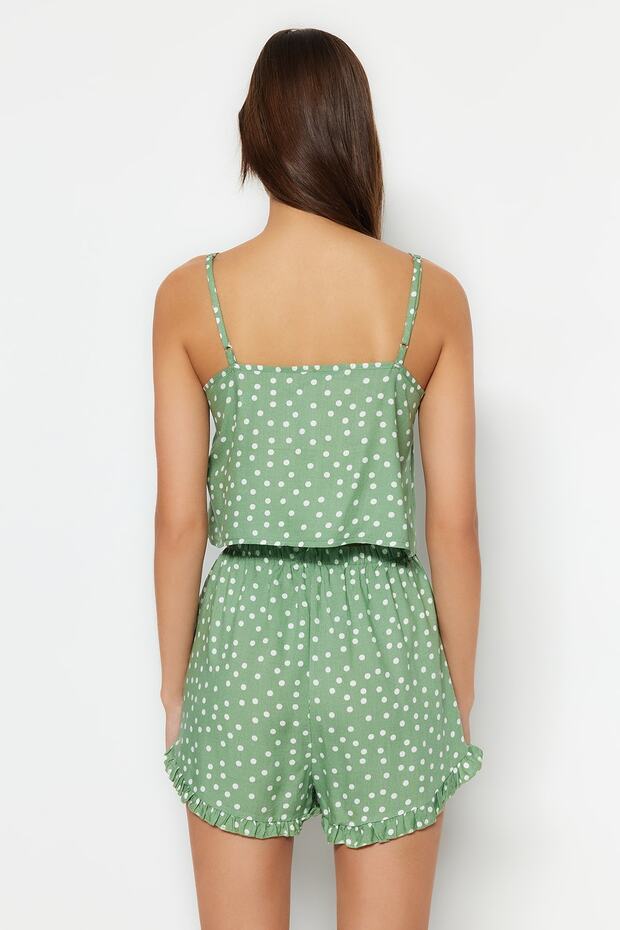 Mint Puantiyeli Fırfır Detaylı İp Askılı Viskon Şortlu Dokuma Pijama Takımı THMSS21PT0742 - 7