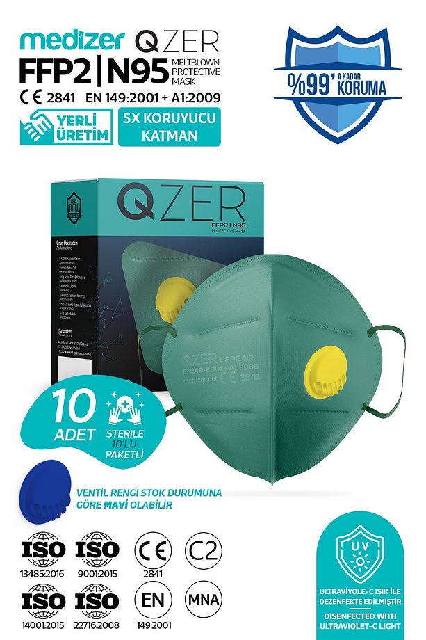 Qzer Yeşil 5 Katlı Ventilli Ffp2 Nr N95 Maske 10 Adet - 1