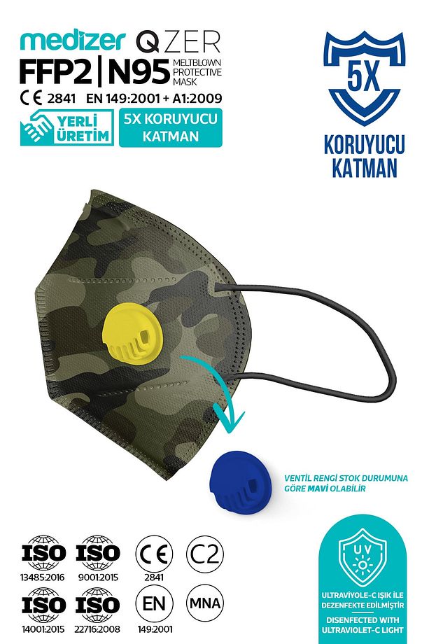 Qzer Yeşil Kamuflaj Desenli 5 Katlı Ventilli Ffp2 Nr N95 Maske 10 Adet - 3