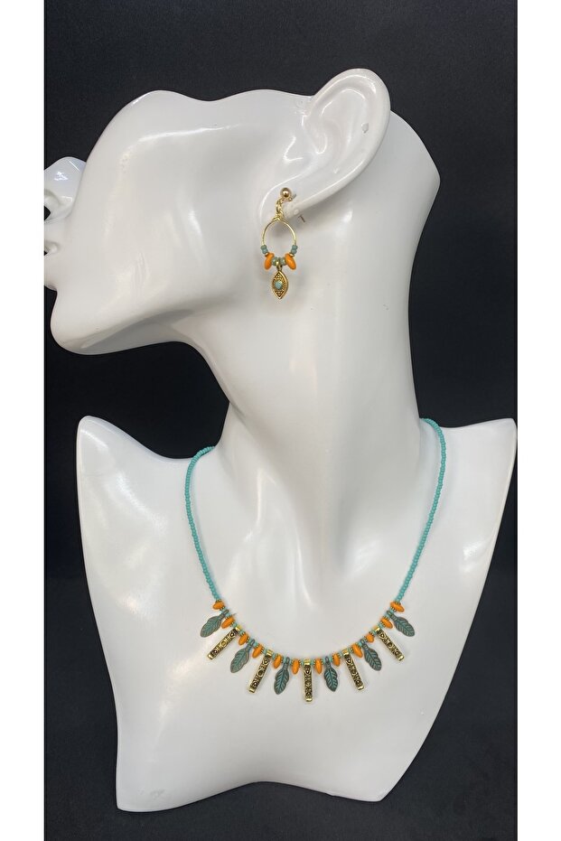 Handmade Brass Apparatus Ceramic Beaded Women's Necklace Earring Set