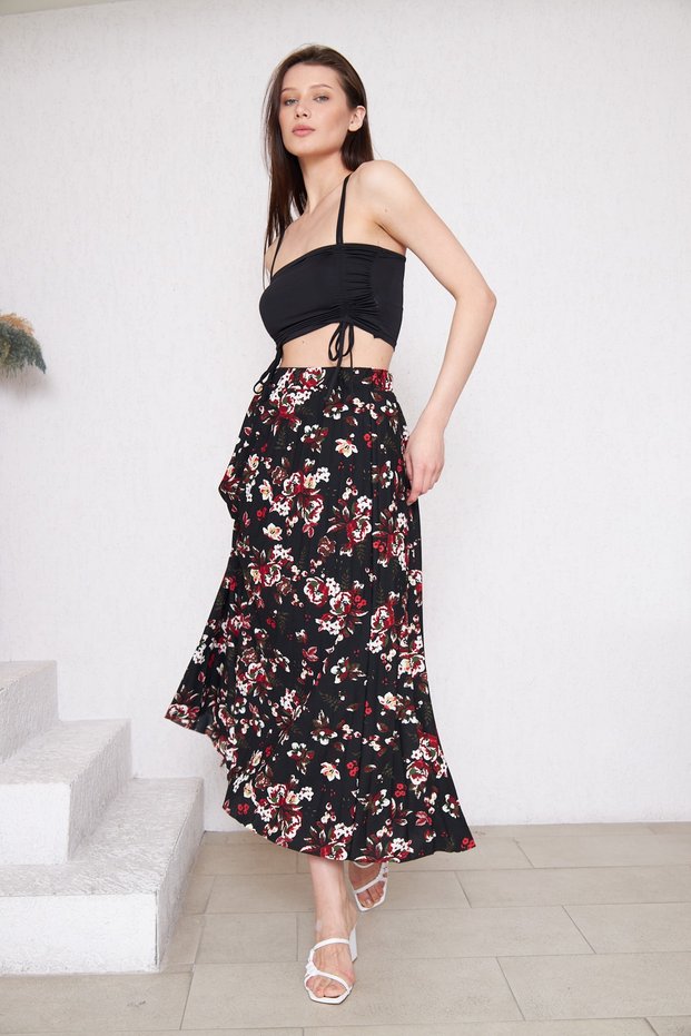 Floral Patterned Long Lined Pleated Skirt, Pleated Skirt, Mother's Gift Skirt, Crepe Skirt, Hijab Skirt
