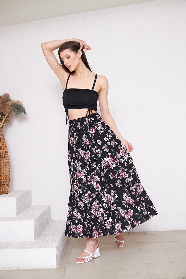 Virágmintás, hosszú bélésű rakott szoknya, rakott szoknya, anyai ajándék szoknya, krepp szoknya, hidzsáb szoknya - 1