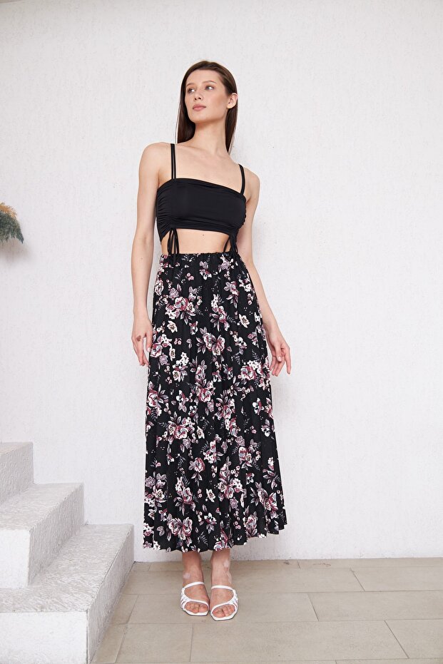 Virágmintás, hosszú bélésű rakott szoknya, rakott szoknya, anyai ajándék szoknya, krepp szoknya, hidzsáb szoknya - 5