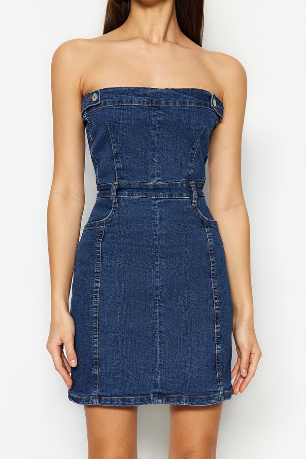 Mavi Düğme Detaylı Comfort/Esnek Straplez Mini Denim Elbise TWOSS23EL01731 - 4