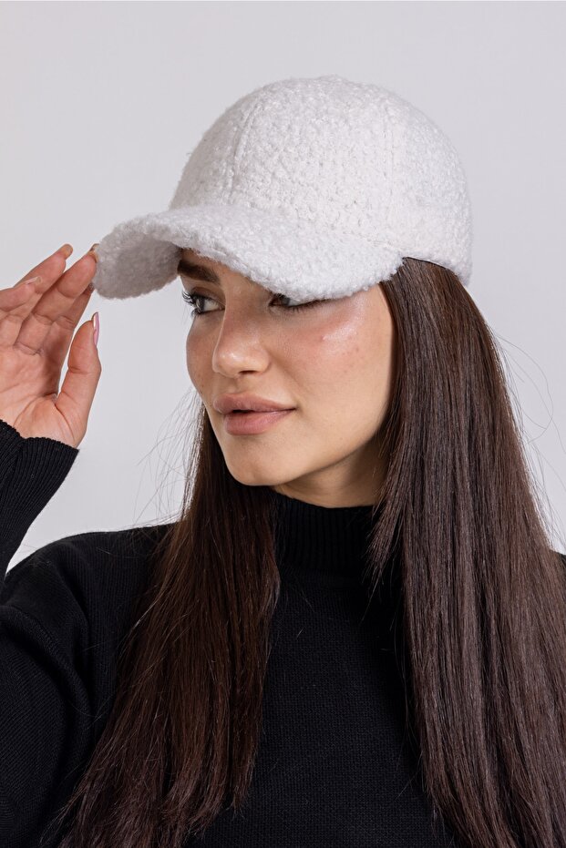 Hat Plush Pompom Fabric White