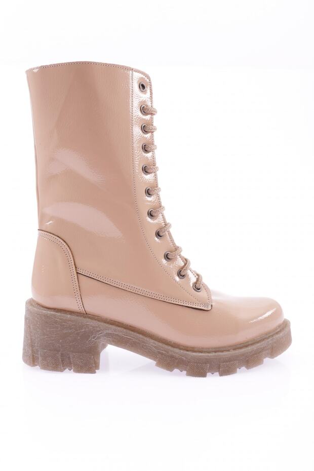 Women's Lace up Zippered Thick Sole Boots Nude Wrinkled Patent Leather 23142232674
