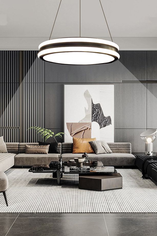 Geniş Model Tek Halkalı Siyah Led Avize, 3 Renk Aydınlatmalı, Kumandalı Modern Avize, Salon Avizesi - 1