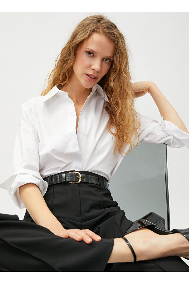 Pointed Collar Plain Off-White Women's Shirt 3sak60083uw