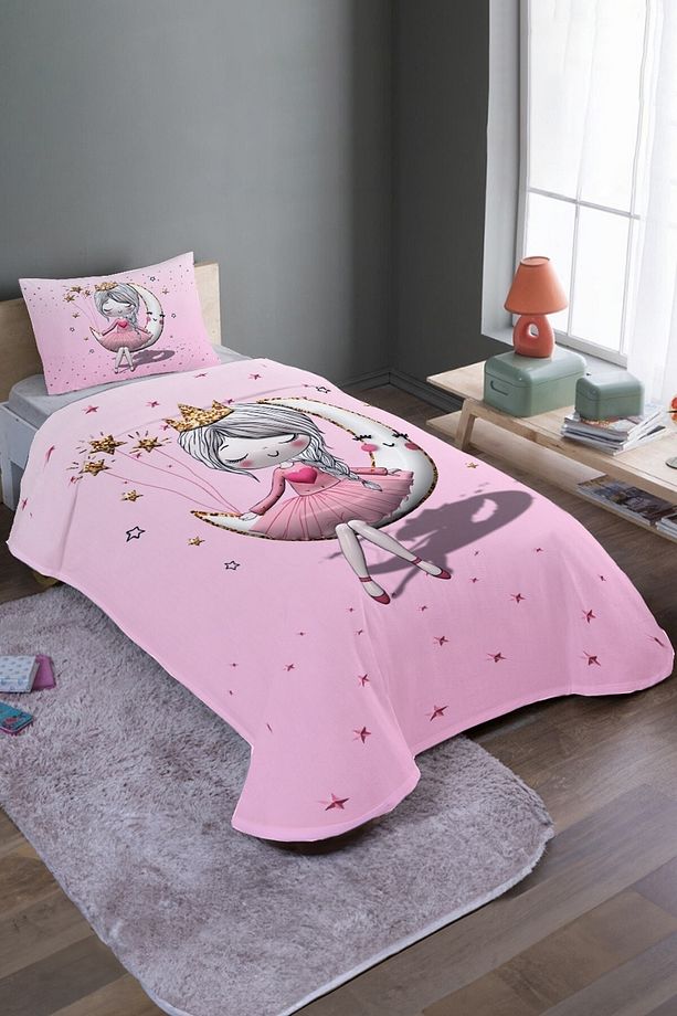 3 Boyutlu Pembe Ayda Oturan Prenses Desenli Tek Kişilik Yatak Örtüsü Ve Pike Takımı - 2