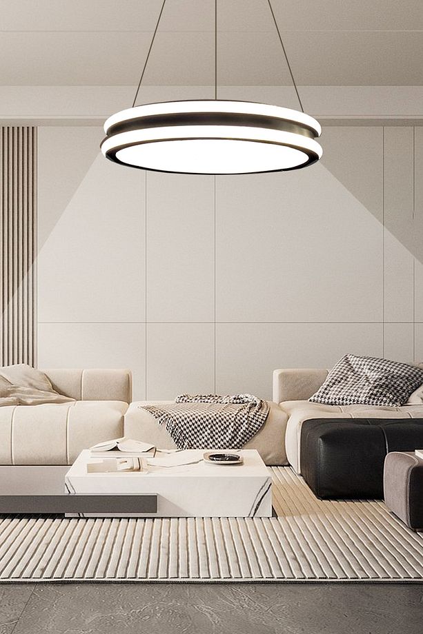 Geniş Model Tek Halkalı Siyah Led Avize, 3 Renk Aydınlatmalı, Kumandalı Modern Avize, Salon Avizesi - 5
