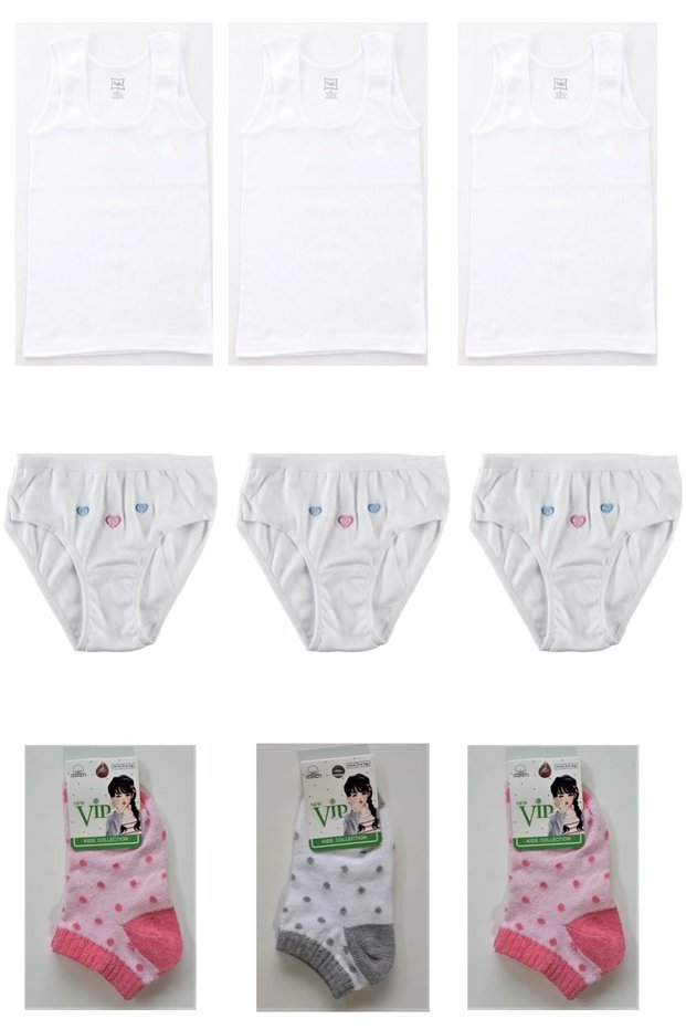 Set of 3 Girls' Plain Wide Strap Undershirt, 3 Pieces of White Girls' Slips and 3 Pieces of Girls' Socks