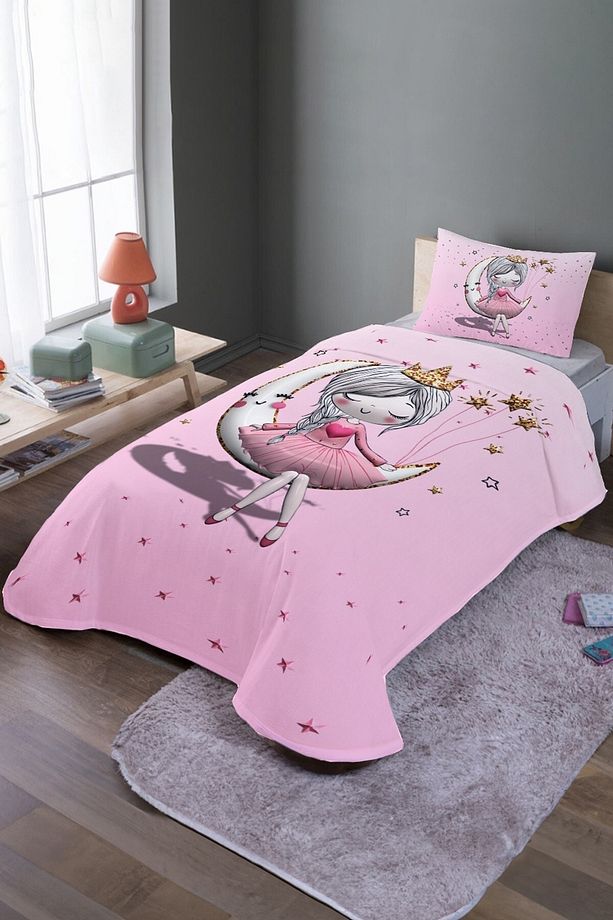 3 Boyutlu Pembe Ayda Oturan Prenses Desenli Tek Kişilik Yatak Örtüsü Ve Pike Takımı - 1