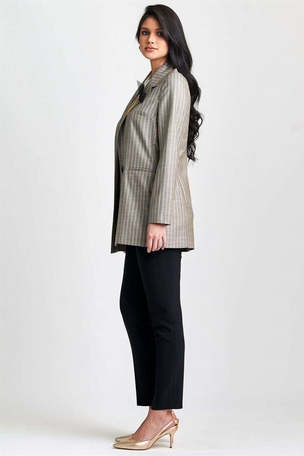 Striped Open Front Double Breasted Buttoned Jacket - 4