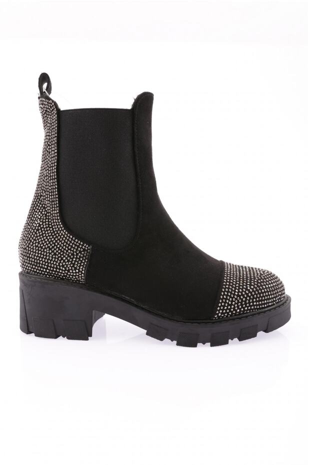 Women's Stretch Detailed Silver Stone Boots Black Suede 23142242674