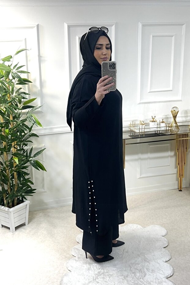 Plus Size Lucky Side Slit Pearl Suit - Black