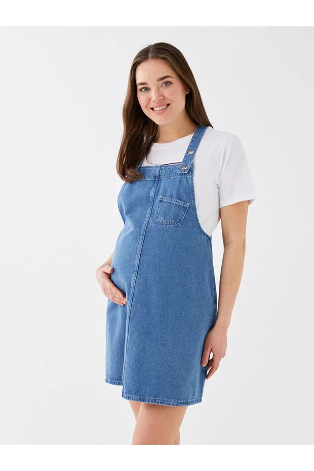 Lcwaıkıkı Maternity Kare Yaka Düz Askılı Hamile Jean Salopet Elbise - 1