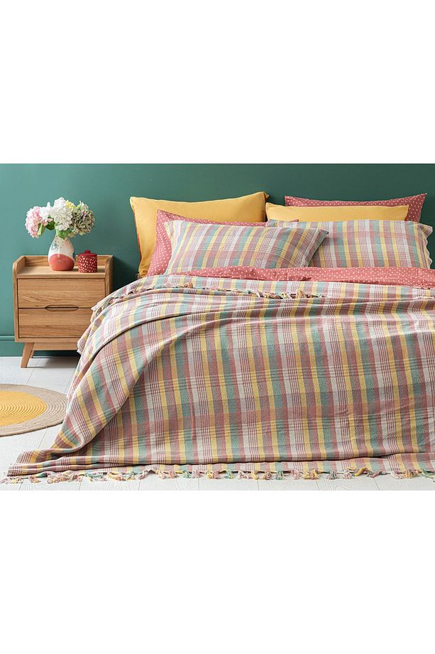 Madras Plaid Dokuma Tek Kişilik Yatak Örtüsü Takımı 160x240 Cm Pembe - Sarı - 1
