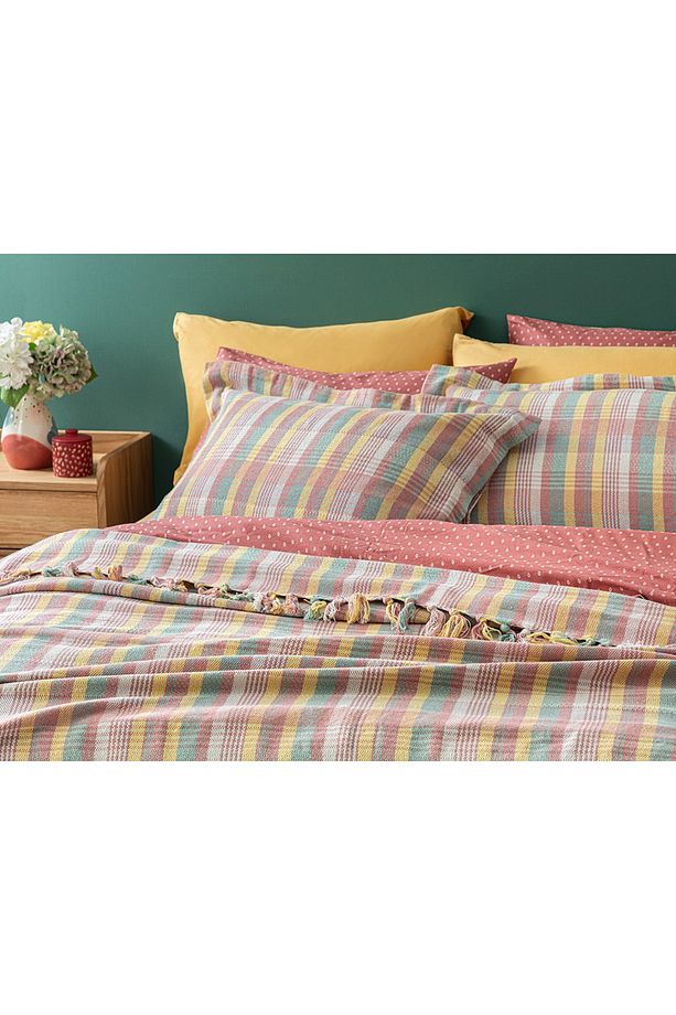Madras Plaid Dokuma Tek Kişilik Yatak Örtüsü Takımı 160x240 Cm Pembe - Sarı - 2