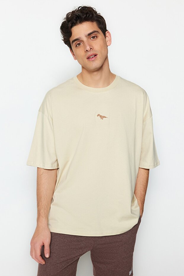 Taş Oversize/Geniş Kesim Bisiklet Yaka Kısa Kol Dinozor İşlemeli T-Shirt TMNSS23TS00243 - 1