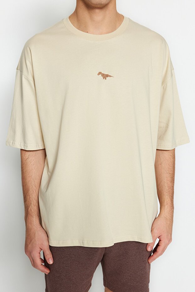 Taş Oversize/Geniş Kesim Bisiklet Yaka Kısa Kol Dinozor İşlemeli T-Shirt TMNSS23TS00243 - 4