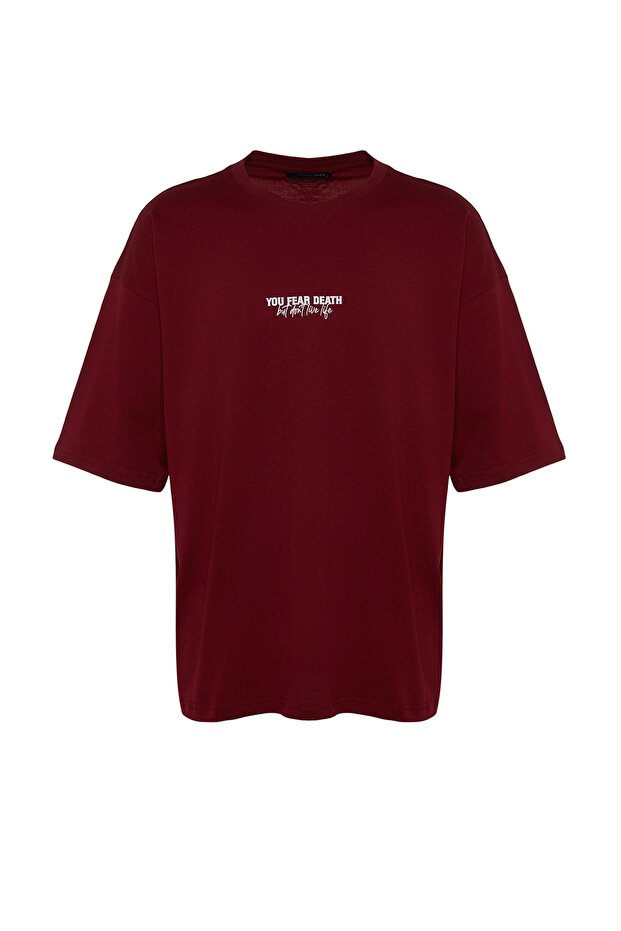 Bordo Oversize/Geniş Kesim %100 Pamuklu Minimal Yazı Baskılı T-Shirt TMNSS23TS00099 - 8