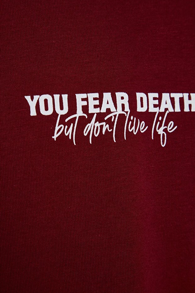 Bordo Oversize/Geniş Kesim %100 Pamuklu Minimal Yazı Baskılı T-Shirt TMNSS23TS00099 - 7