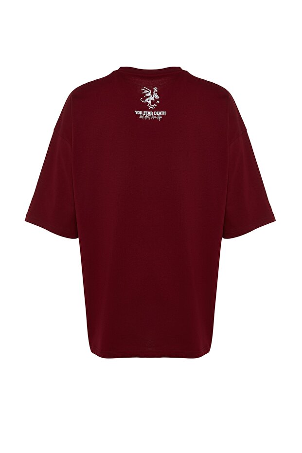 Bordo Oversize/Geniş Kesim %100 Pamuklu Minimal Yazı Baskılı T-Shirt TMNSS23TS00099 - 9
