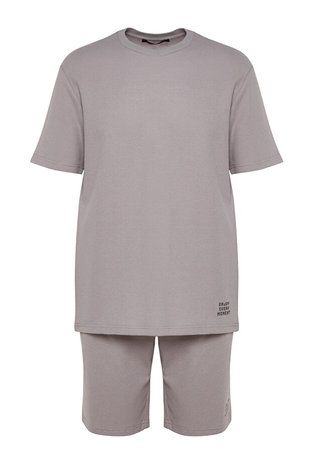Gri Regular Fit Örme Şortlu Pijama Takımı TMNSS23PT00032 - 4