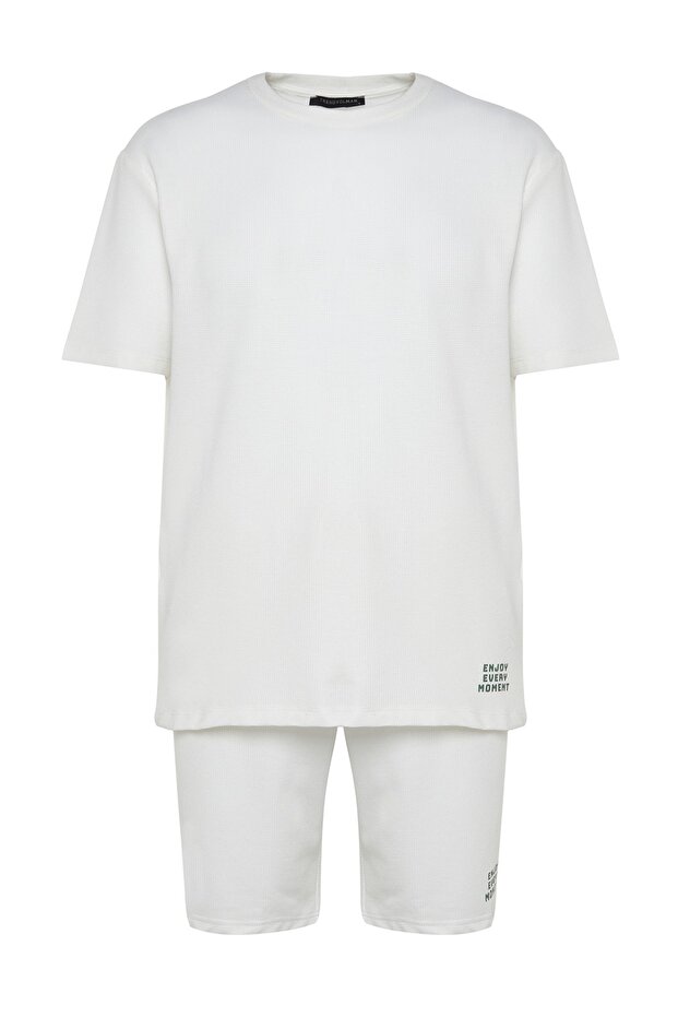 Unisex Ekru Regular Fit Örme Şortlu Pijama Takımı TMNSS23PT00032 - 7