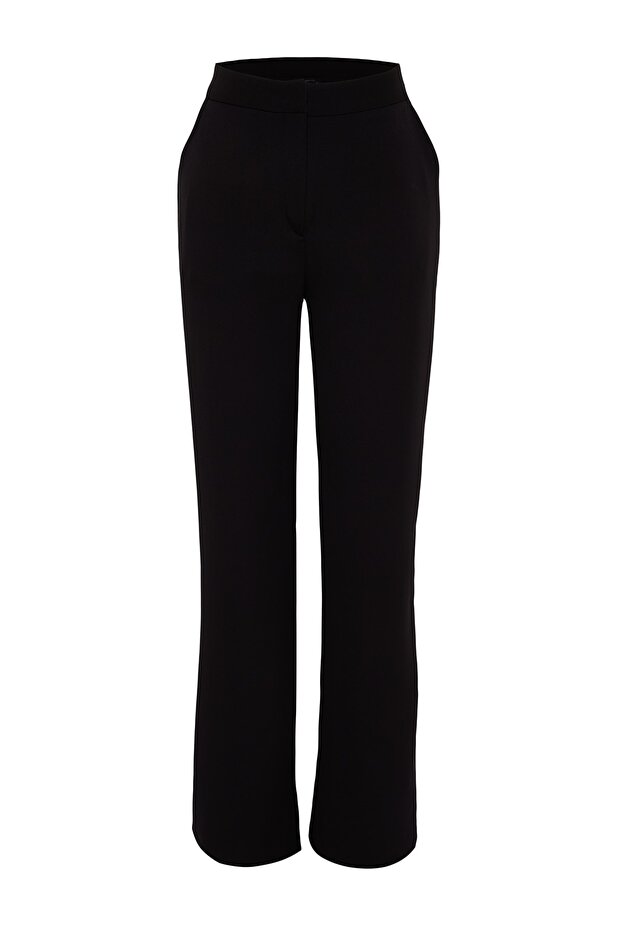 Siyah Geniş Paça Dokuma Pantolon TPRAW22PL0402 - 9